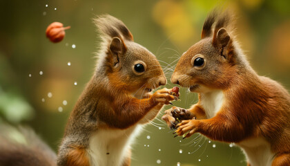 Two squirrels with tufted ears are facing each other while holding and examining a small nut.
