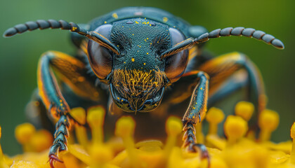 A macro shot of a blue and yellow beetle with detailed eyes and antennae, sitting on a yellow flower.
