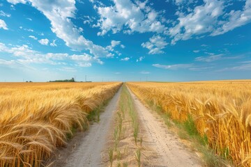 Wall Mural - a road runs through a field of golden wheat. the sky is clear and blue, with a few clouds scattered 