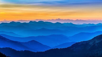 Canvas Print - The blue mountains in the distance, at sunset, with layers of peaks and dense forests below them