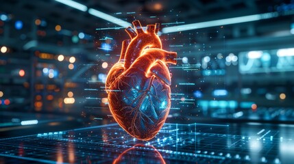 Wall Mural - 3D-rendered model of a heart with detailed health data floating around it, displayed in a high-tech medical lab with glowing blue ambient lighting 