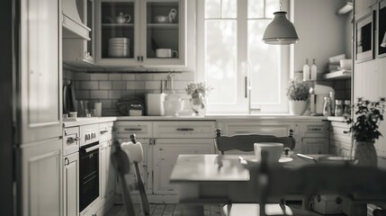 A classic black and white image of a kitchen interior with furniture and appliances