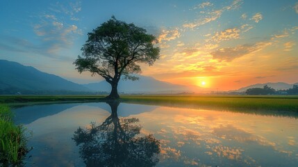 Wall Mural - Sunrise Over Tranquil Rice Paddy Field