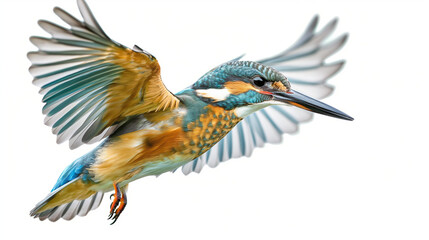 Wall Mural - kingfisher in flight, photorealistic, full body, on white background