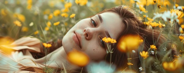 Wall Mural - Young woman lying in a field of flowers, sunlight on face.