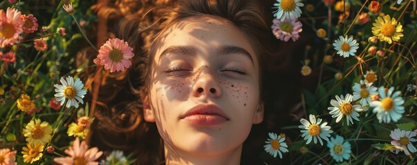 Wall Mural - Young woman lying in a field of flowers, sunlight on face.