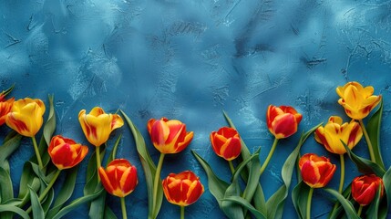 Poster - Top view of yellow and red tulips on blue backdrop with space for text