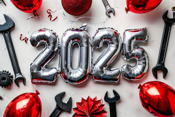 Silver Balloon Numbers 2025 Surrounded by Wrenches and Red Ornaments