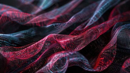 Wall Mural - vibrant mesh of ruby and midnight blue fibers, weaving an elegant network on a black background, des