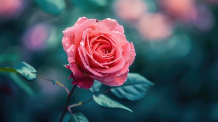 A close-up of a pink rose with intricate petal details, against a blurred background.