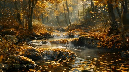 Wall Mural - Golden Autumn Forest Stream.