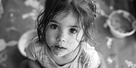 A young child enjoying a meal with food smeared on her face and clothes