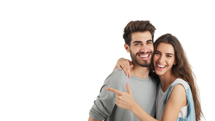 Wall Mural - Woman and man smiling and pointing at copy space on side,isolated on white background,web banner