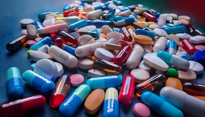 A big pile of medication, pills, tablets. 