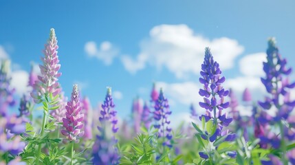 Sticker - A field of lupines blooming under a clear blue sky.