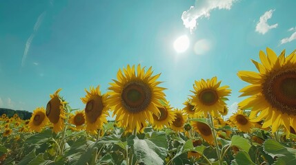 Poster - A field of sunflowers under a bright blue sky.