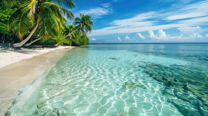 Idyllic sea beach with palm trees and clear, shallow waters