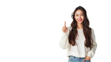 Wall Mural - Woman smiling and pointing at copy space on side,isolated on white background,web banner.