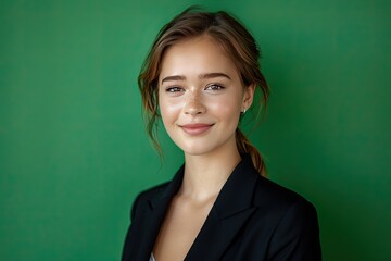 Canvas Print - A woman is smiling and wearing a black suit.