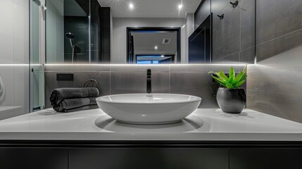 Wall Mural - Minimal style bathroom with a white basin sink and dark fixtures