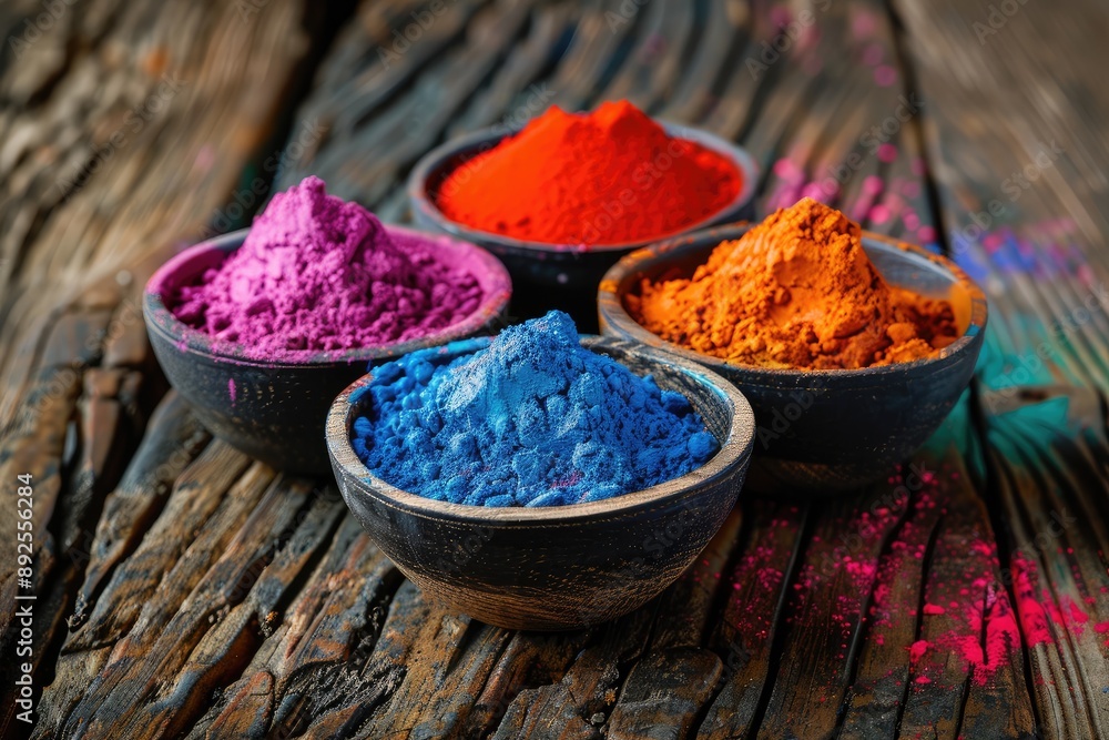 Four bowls of different colored powders are arranged on a wooden table ...