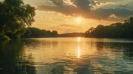Wall Mural - Golden Sunset Over a Calm Lake.