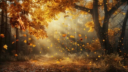 Wall Mural - Autumn Forest Path with Falling Leaves.