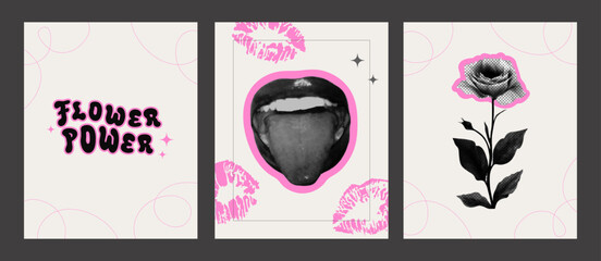 Poster - Set of modern posters with halftone flower and mouth with tongue. Modern lettering Flower Power. Photocopy effect, Grainy texture. Fashionable print for t-shirts and sweatshirts. Vector illustration