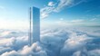 © decorator - Modern skyscraper shaped like number 9 above cloud sea, against clear blue sky in realistic photo