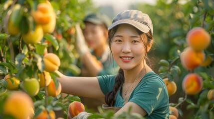 Poster - Woman Harvesting Peaches in Orchard