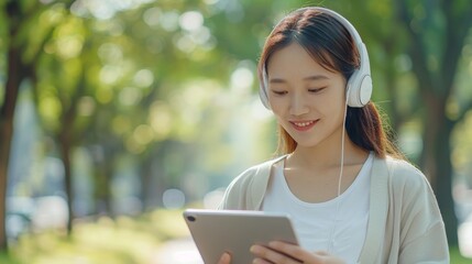 Canvas Print - Woman Enjoying Digital Content Outdoors