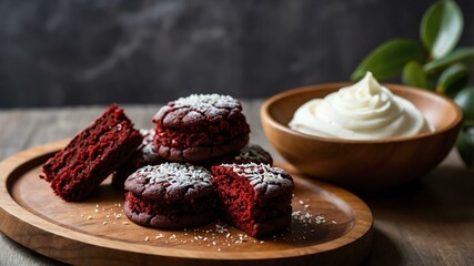 Wall Mural - red velvet cookie served aesthetically in a wooden plate and table