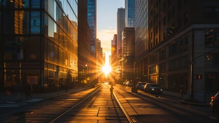 Poster - A sunset view of skyscrapers casting long shadows on city streets, creating a dramatic urban scene
