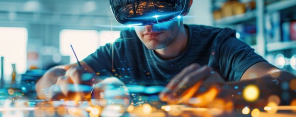 A person wearing VR glasses working on a futuristic holographic interface in a tech laboratory. Focus on innovation and technology.