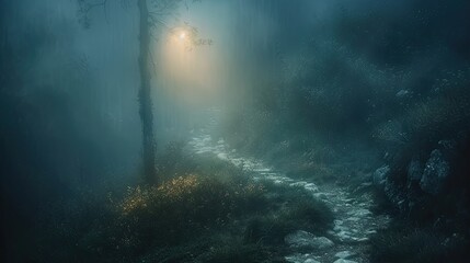 Canvas Print - a dark forest with a path leading through it. the path is illuminated by a light. scene is eerie and