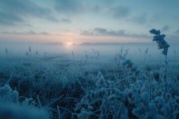 Wall Mural - a field of grass covered in frost and snow. the sky is a beautiful blue with a sun setting in the ba