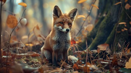 Wild red fox is sitting in the colorful autumn woods