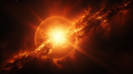 Poster - Space scene with sun, dark cosmic background, bright solar flares