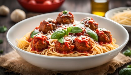 Wall Mural - spaghetti noodles in marinara sauce topped with meatballs and in white bowl
