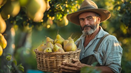 Poster - Farmer with basket of pears