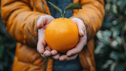 Wall Mural - Person holding a freshly picked orange