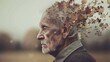 © Tida - Elderly Man with Falling Autumn Leaves - A thoughtful senior man with a beard stands against a blurry autumn backdrop, leaves falling around him. This image represents age, change, time, and the passa