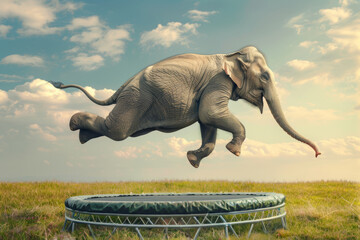 Wall Mural - Elephant jumping on trampoline. Ai generative art