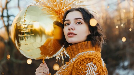 Festive Winter Portrait of a Woman Holding a Golden Balloon - A young woman with brown hair wears a warm orange sweater, holding a golden balloon in front of a blurred background with bokeh lights, sy