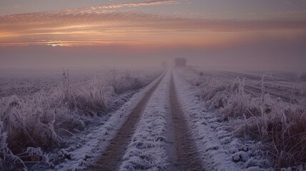 Wall Mural - a road with a car in the distance and a foggy sky. the sky is a mix of orange and pink hues, creatin