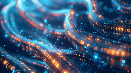 Wall Mural - Mesmerizing Futuristic Data Stream with Vibrant Aesthetics  Glowing blue and orange binary codes flowing through cables creating an abstract technological background  Detailed light reflections