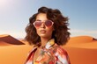 © venusvi - Trendy woman in sunglasses against a bright desert backdrop Isolated on white background