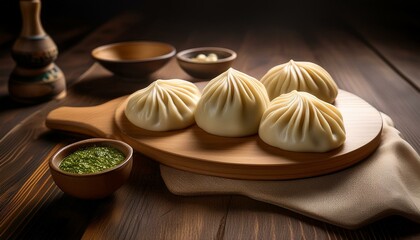 Wall Mural - A detailed shot of Kyrgyz oromo, with its rolled, steamed dough layers and savory filling, placed on a traditional wooden board with soft, natural lighting