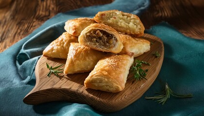 Wall Mural - An inviting scene of Algerian bourek with crispy pastry rolls filled with minced meat and spices, served on a rustic wooden board, warm afternoon light