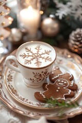 A delicious eggnog and gingerbread cookie sit on a festive holiday plate, surrounded by holly and red berries. Perfect for a cozy winter evening.